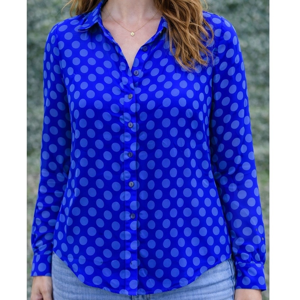 Sacred Threads 100% Silk Blue Polka Dot Blouse OS‎ Mandarin Collar 222017 NWT